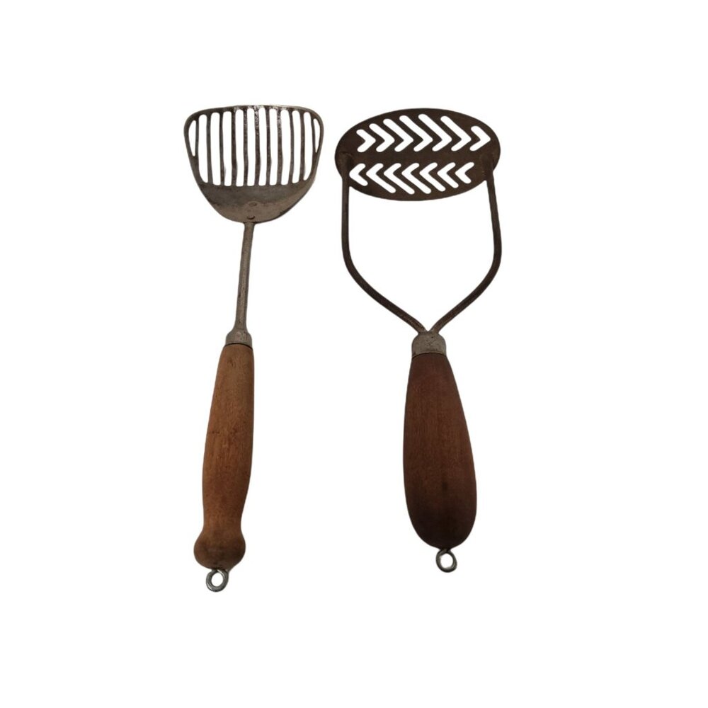 Vintage 40 - 50's - A & J - Potato Masher and Slotted Spoon- turned wood Handles